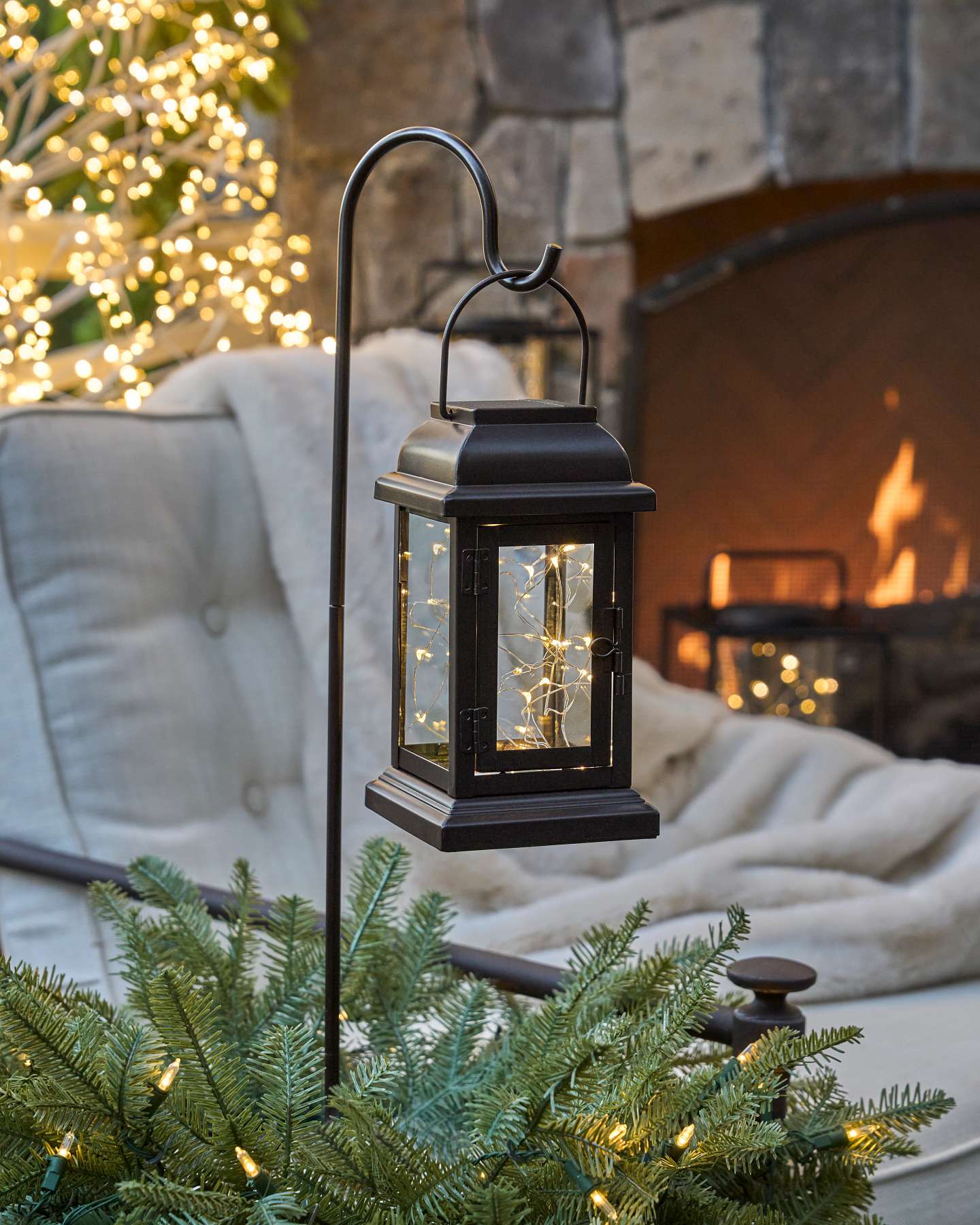 Balsam Hill Brown Classic Lantern Solar Pathway Fairy Lights Set of 4 Closeup Near Fireplace