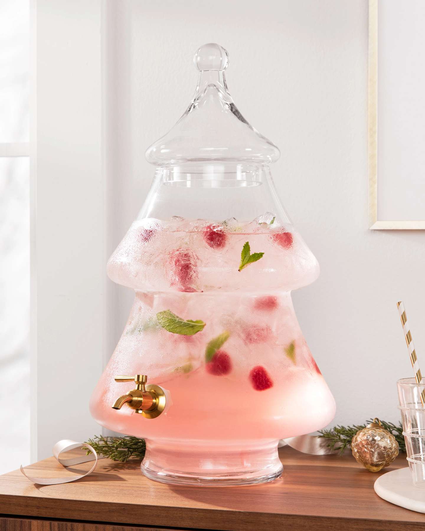 Balsam Hill Tannenbaum Glass Drink Dispenser with Classic Festive Look