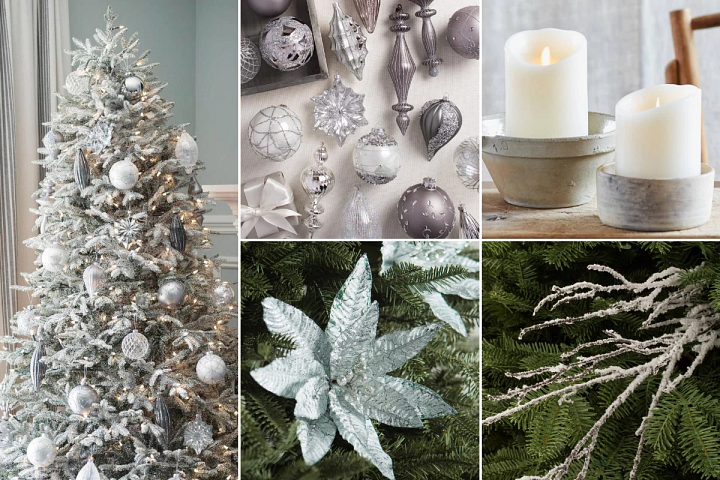 Winter-themed Christmas decorating with ivory, silver, and icy blue accents on a frosted tree