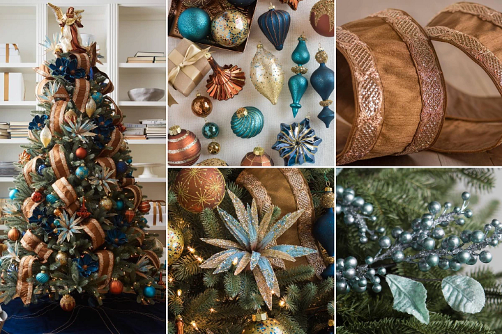 Modern coastal Christmas decorating with assorted navy, copper, and turquoise accents on a tree