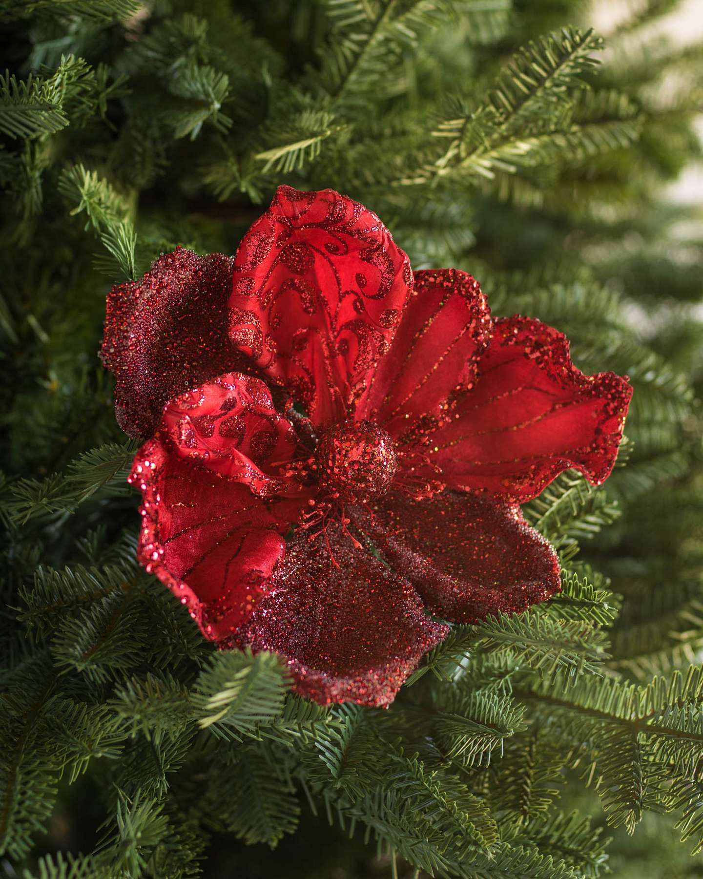 Balsam Hill Red Glitter Magnolia Artificial Christmas Tree Picks Set of 12 Seasonal Decor