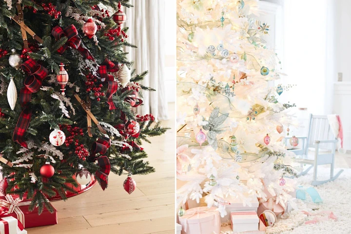 Green Christmas tree with red ornaments and white Christmas tree with pastel ornaments
