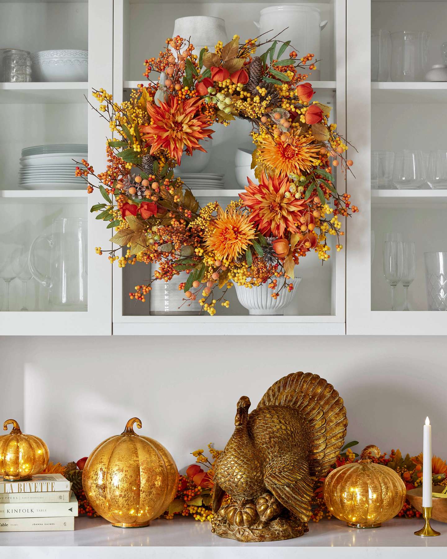 Balsam Hill Glowing Glass Pumpkins Lifestyle Display with Artificial Fall Wreath and Turkey Decor