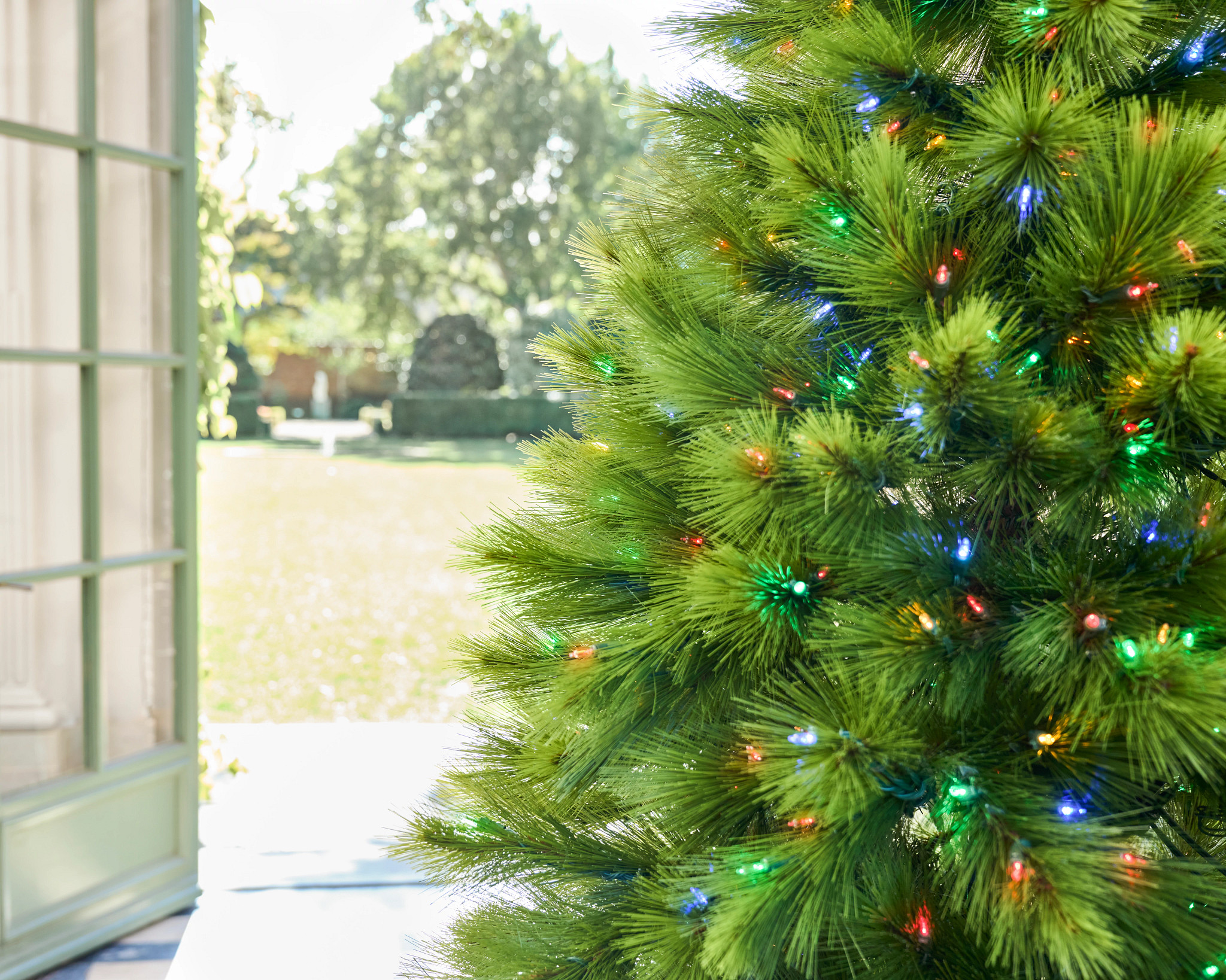 A vibrant green Christmas tree adorned with colorful lights stands by an open door, revealing a bright, sunny garden outside.