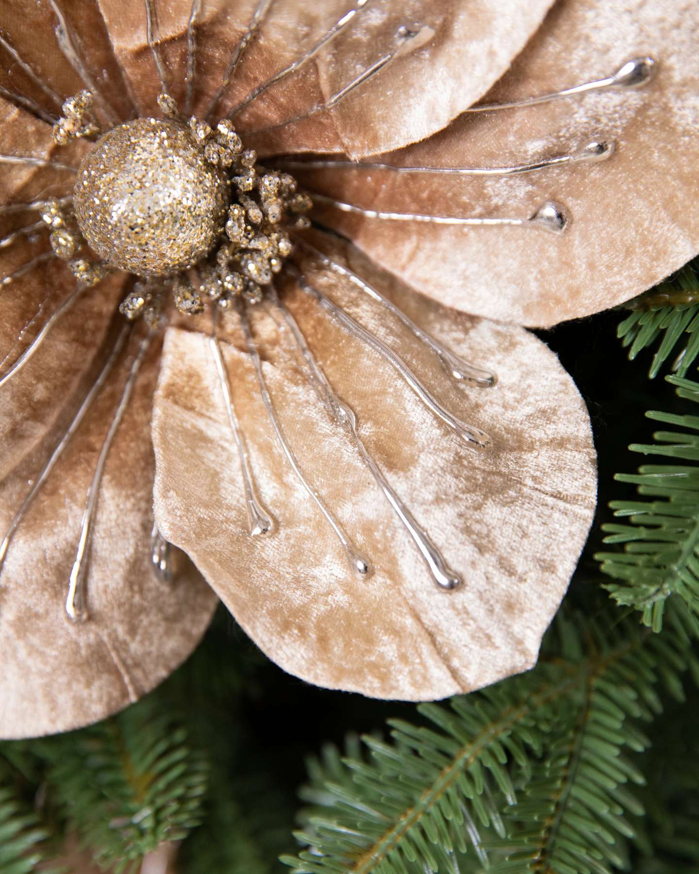 Balsam Hill Large Champagne Velvet Magnolia Artificial Christmas Tree Picks Set of 12 Closeup Highlighting Petals