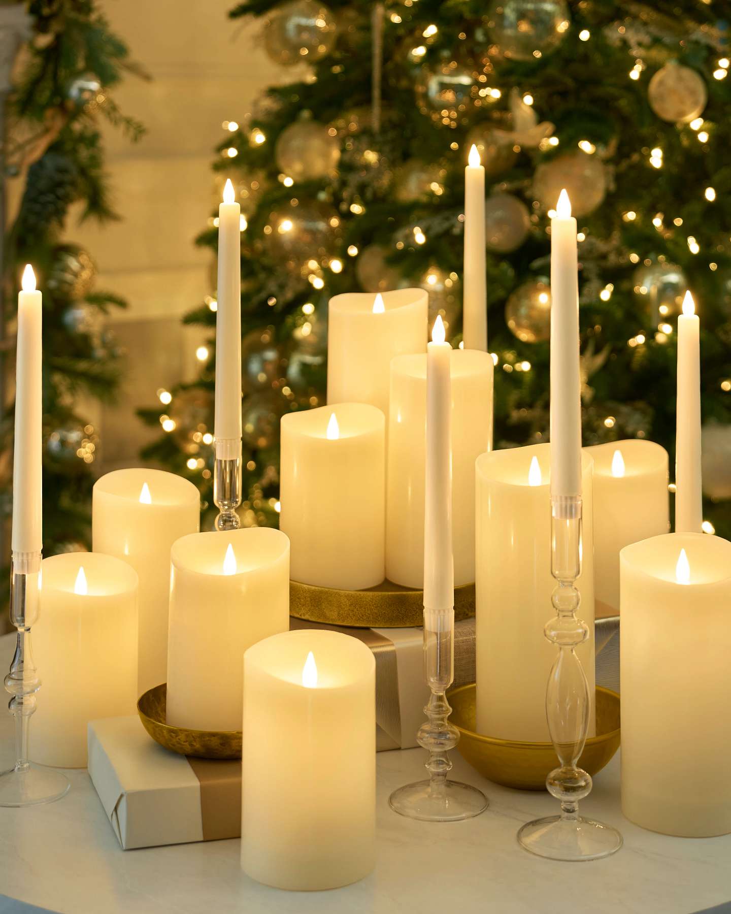 Balsam Hill Miracle Flame Premium 3D LED Wax Pillar Candles in Elegant Room Setting
