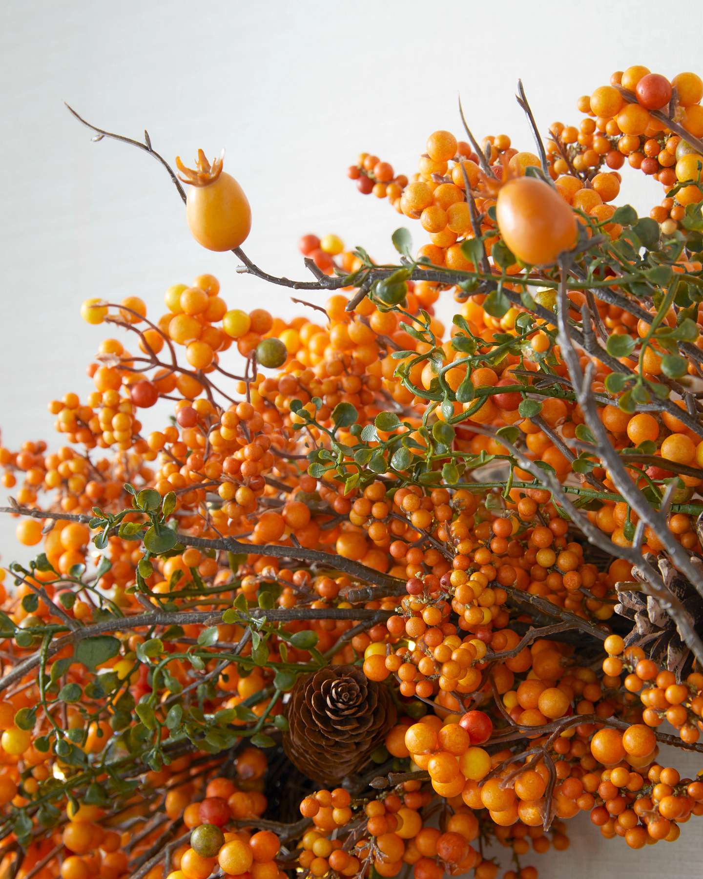 Balsam Hill Orange Berry and Pinecone Artificial Fall Wreath Detail View
