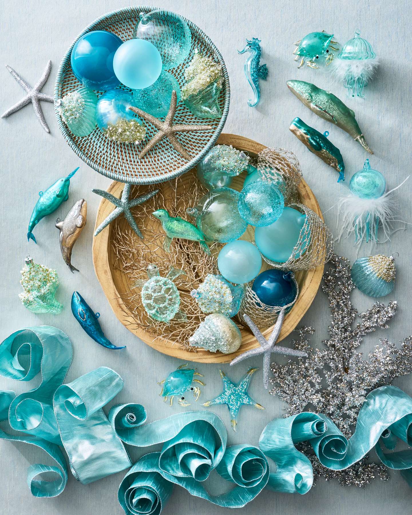 Balsam Hill Coastal Chic Christmas Ornament Set in a Coastal-Inspired Festive Display