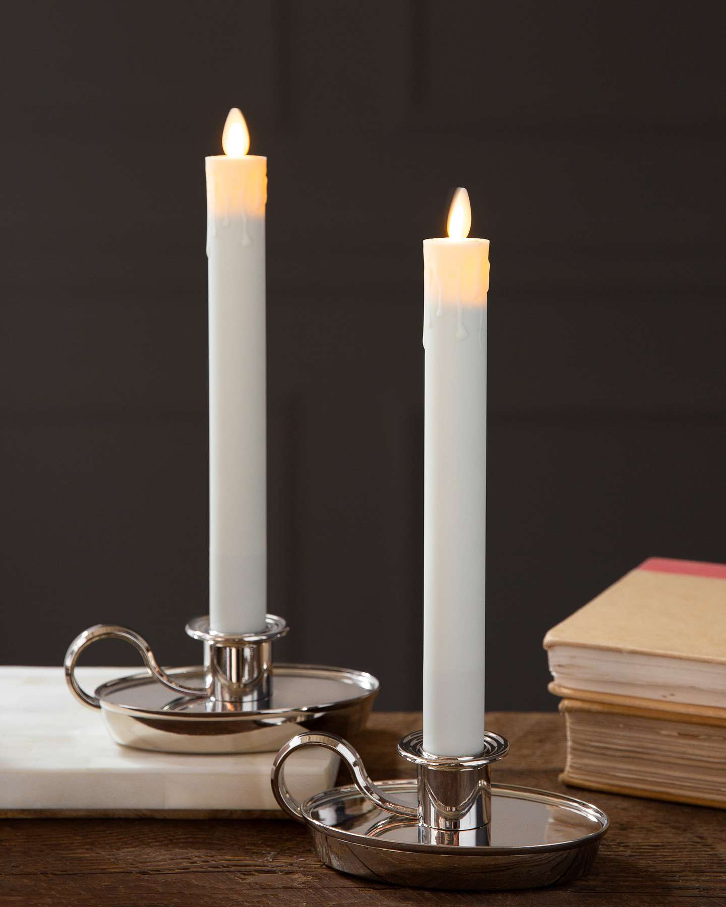 Balsam Hill Nickel Chamberstick Candle Set of 2 with Classic Taper Design in Studio Setting