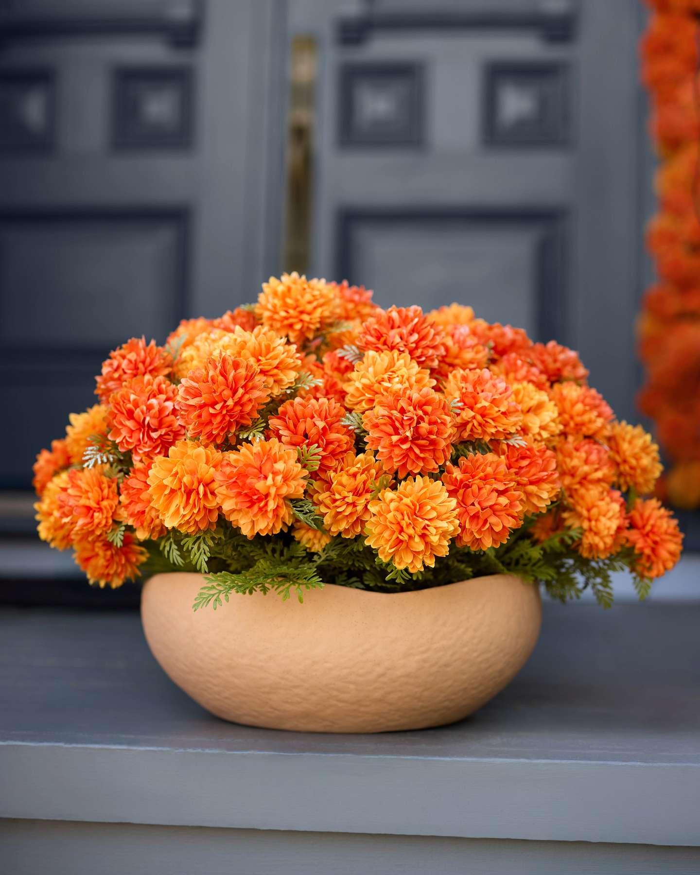 Balsam Hill Outdoor Marigold Meadow Potted Artificial Fall Flowers Full View