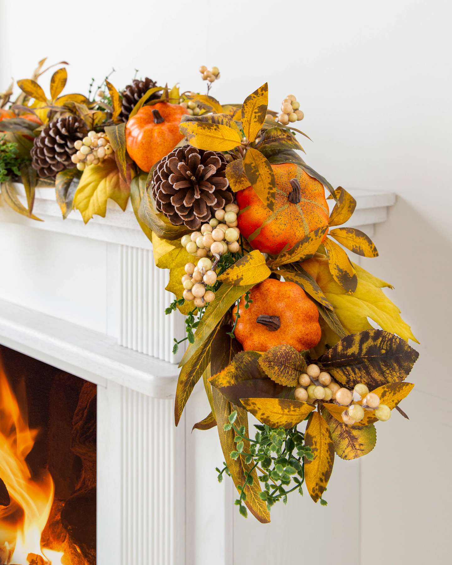 Balsam Hill Autumn Abundance Artificial Fall Garland Unlit Fireplace Display