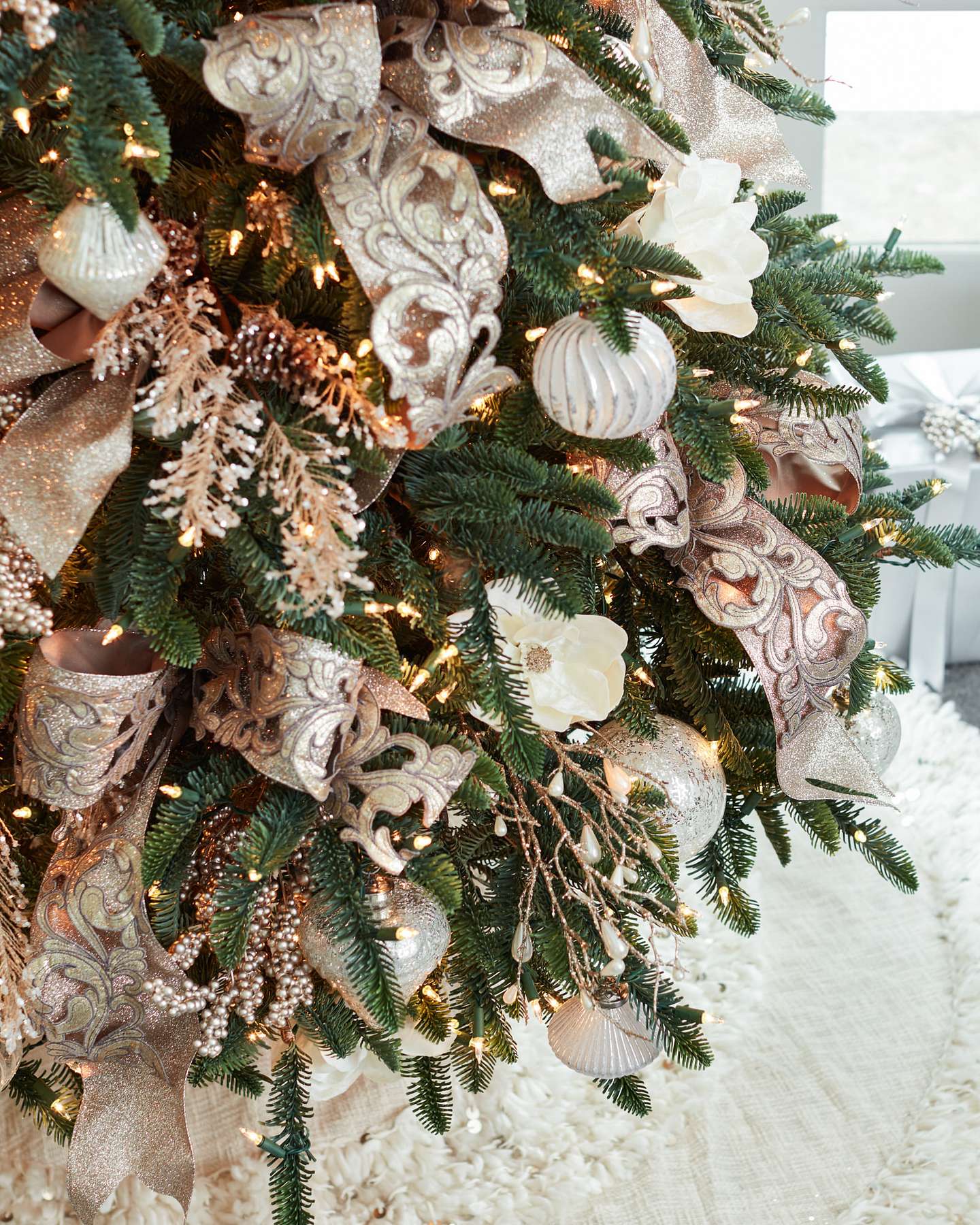 Balsam Hill Ivory Magnolia Christmas Tree Picks Set of 12 in a Cosy Holiday Setting