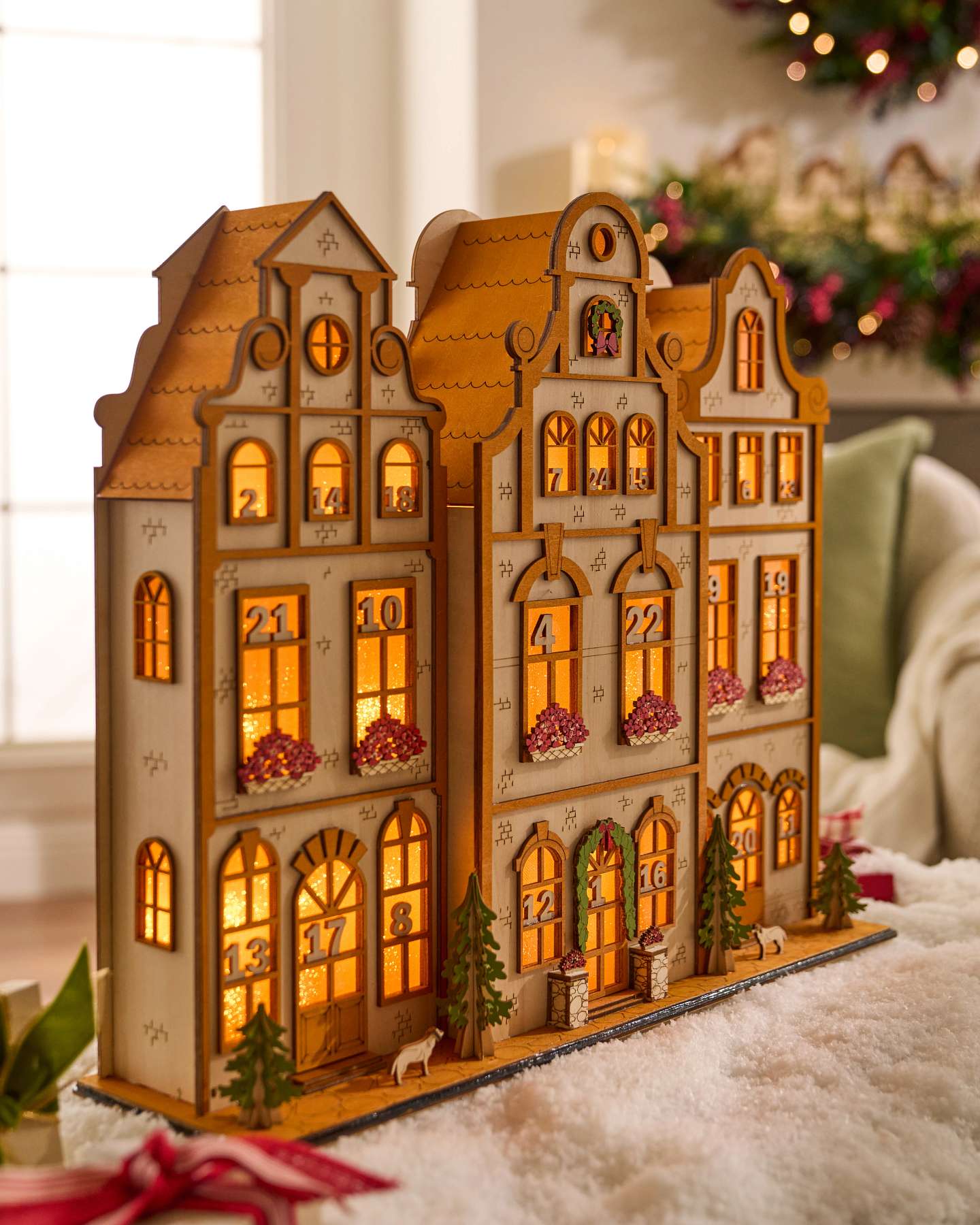 Lit Wooden Townhouses Advent Calendar