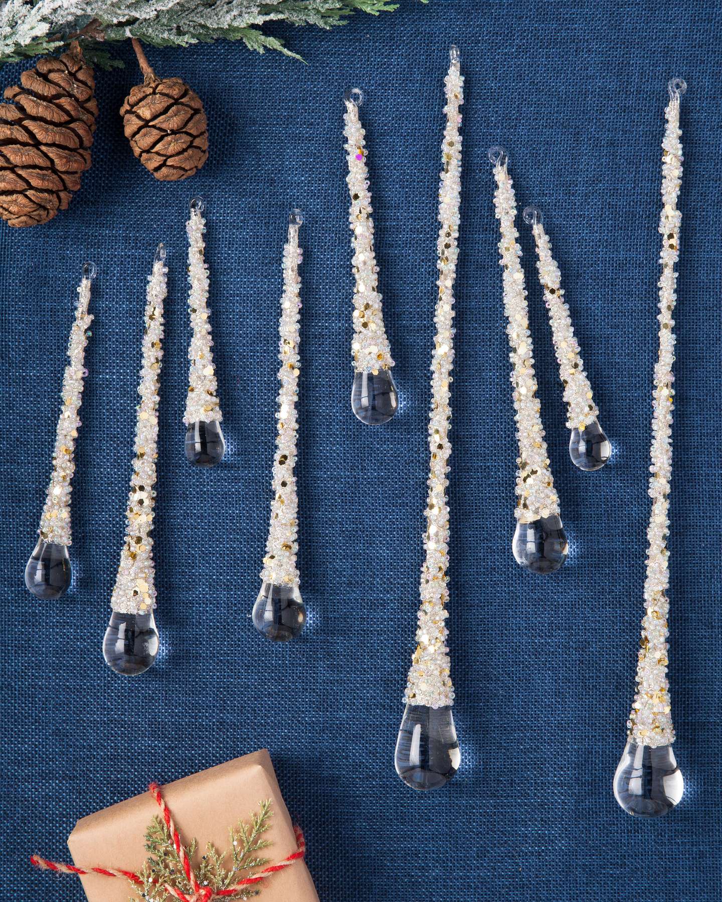 Balsam Hill Icy Teardrop Ornaments Lifestyle On Blue Canvas