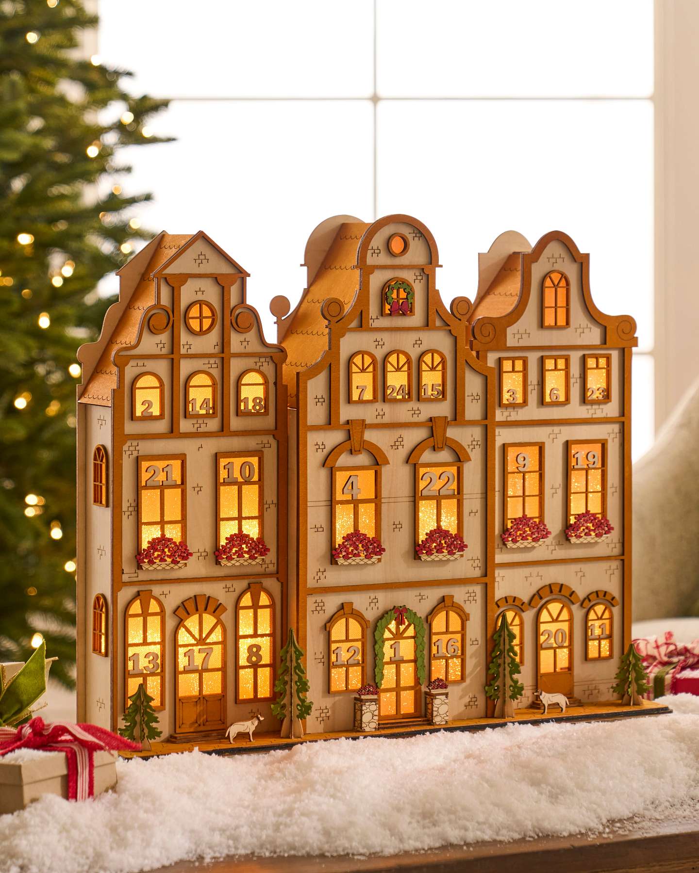 Lit Wooden Townhouses Advent Calendar