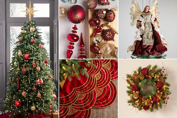 A collage of photos featuring Christmas tree decorations in burgundy and gold