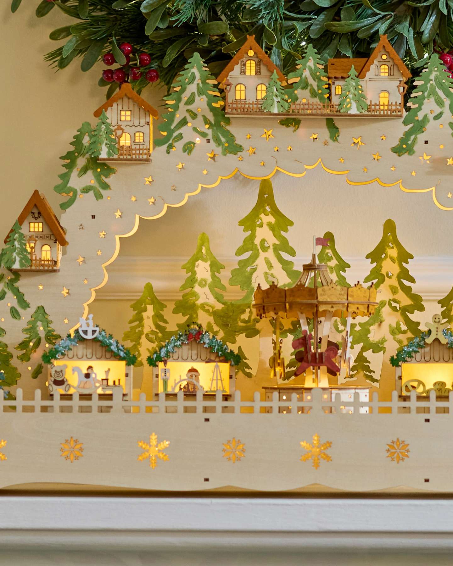Lit Wooden Animated Holiday Carousel Village