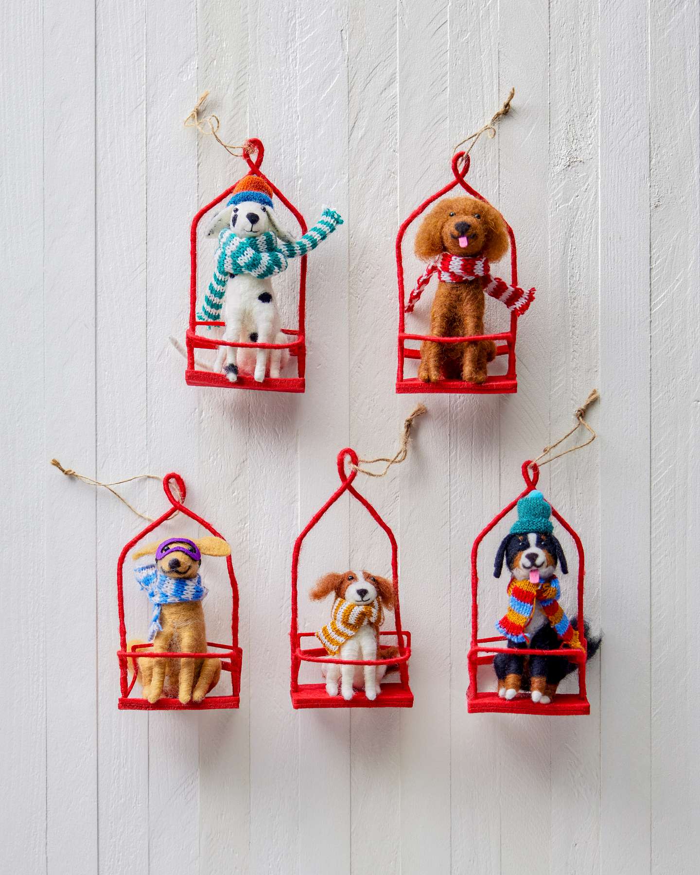 Balsam Hill Alpine Adventure Dogs Felt Ornaments Set of 5 Full Display