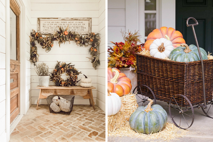 A collage pf photos showing fall décor for the front porch ideas