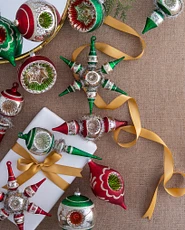 Set of vintage-style red and green Christmas ornaments