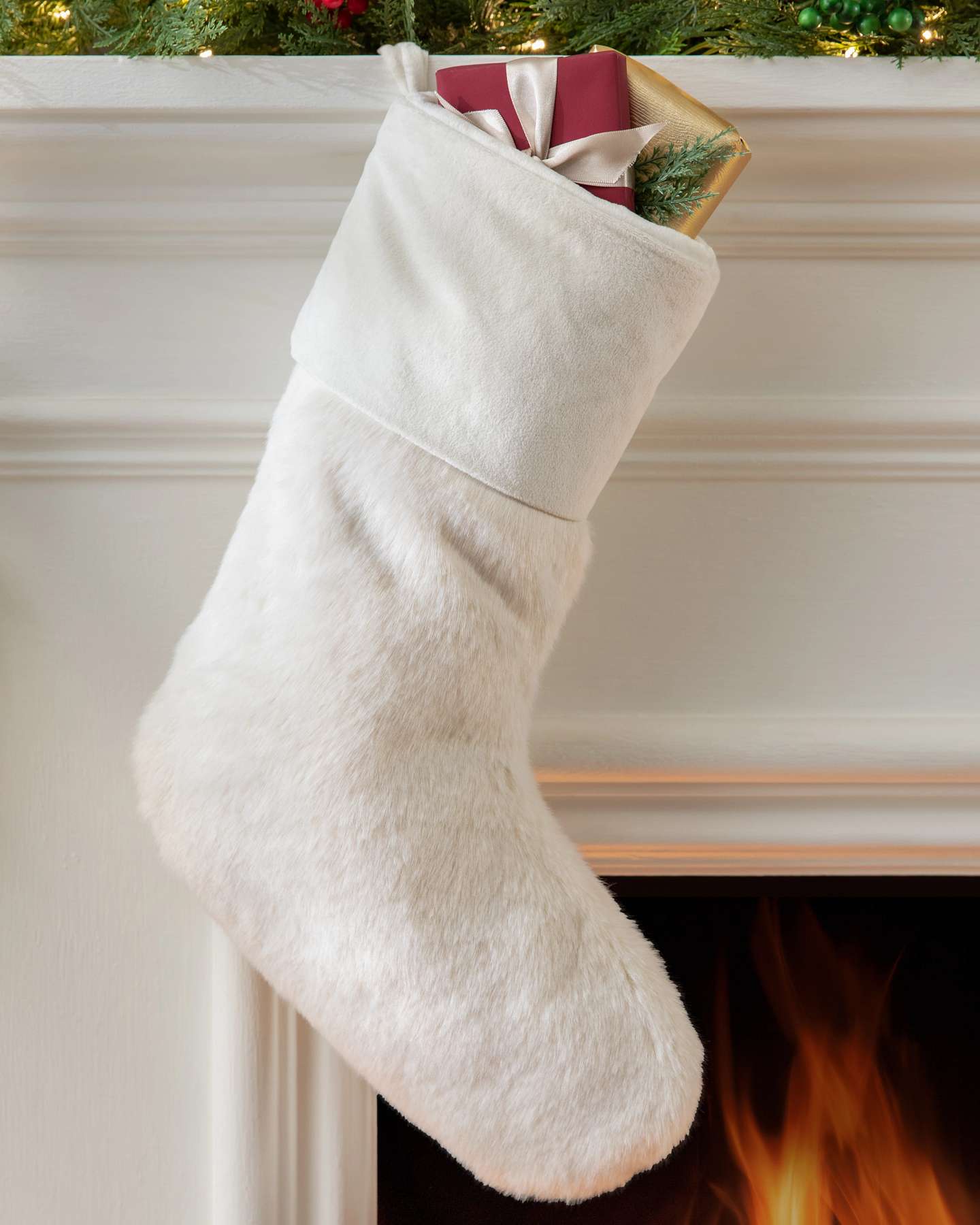 Balsam Hill Ivory Lodge Faux Fur Christmas Stocking Fireplace Showcase
