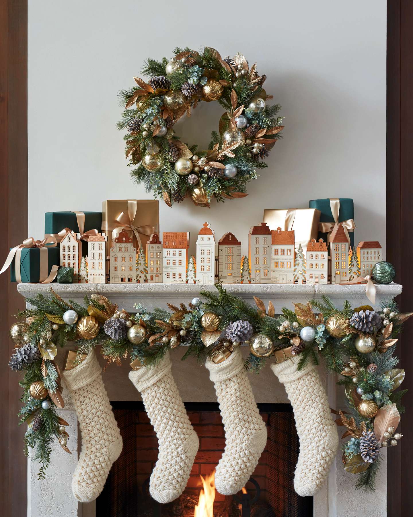 Balsam Hill Gilded Forest Artificial Christmas Foliage Lifestyle Fireplace Display