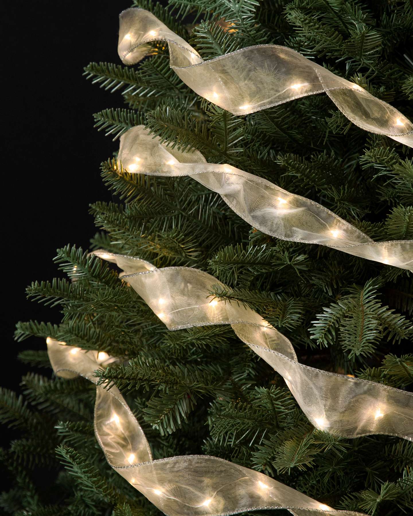 Balsam Hill 6.5-Foot Sheer Lit Ribbon Set of 6 Tree Display Closeup