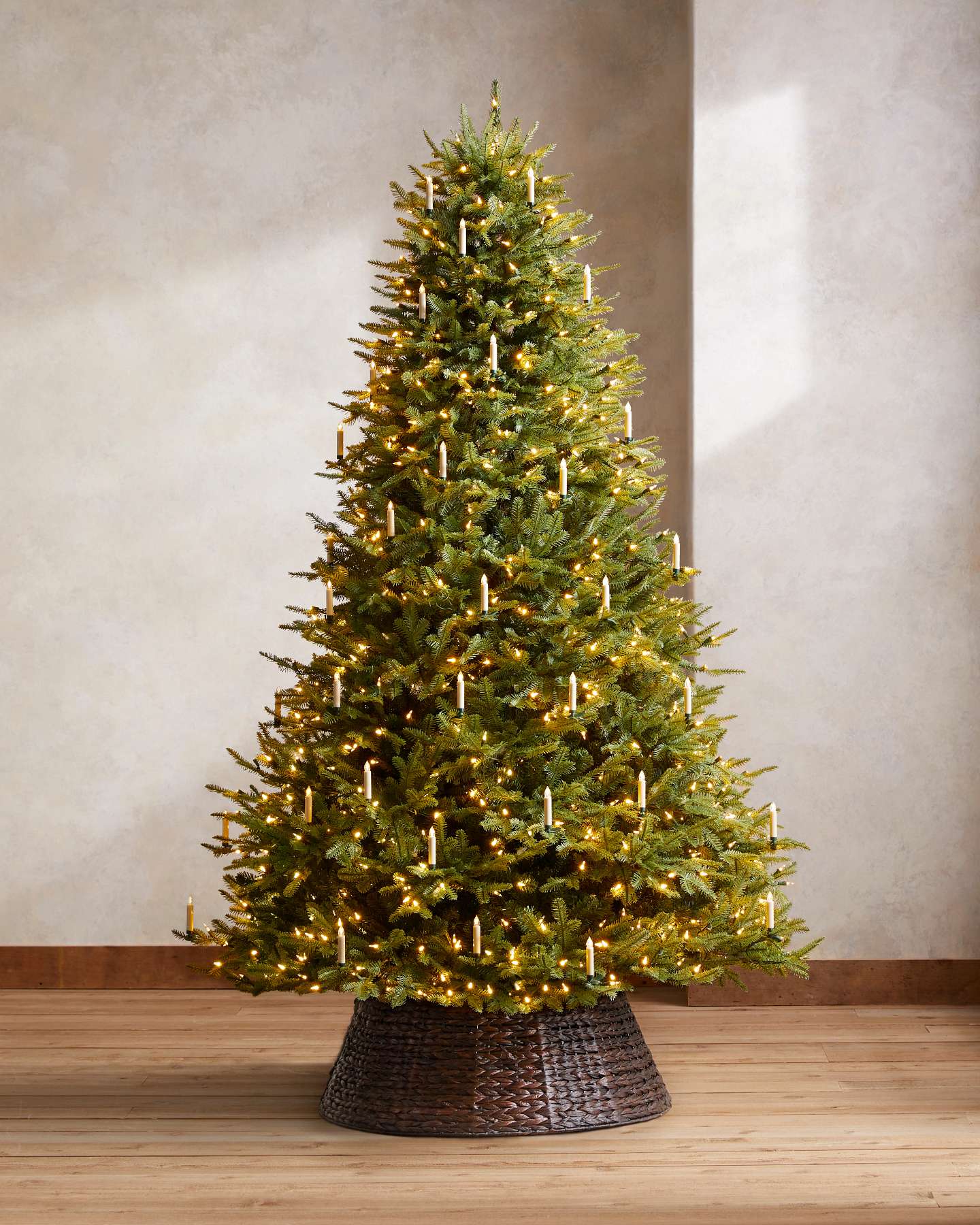Balsam Hill Color Changing LED Artificial Christmas Tree Candles Lifestyle Display with Tree Collar