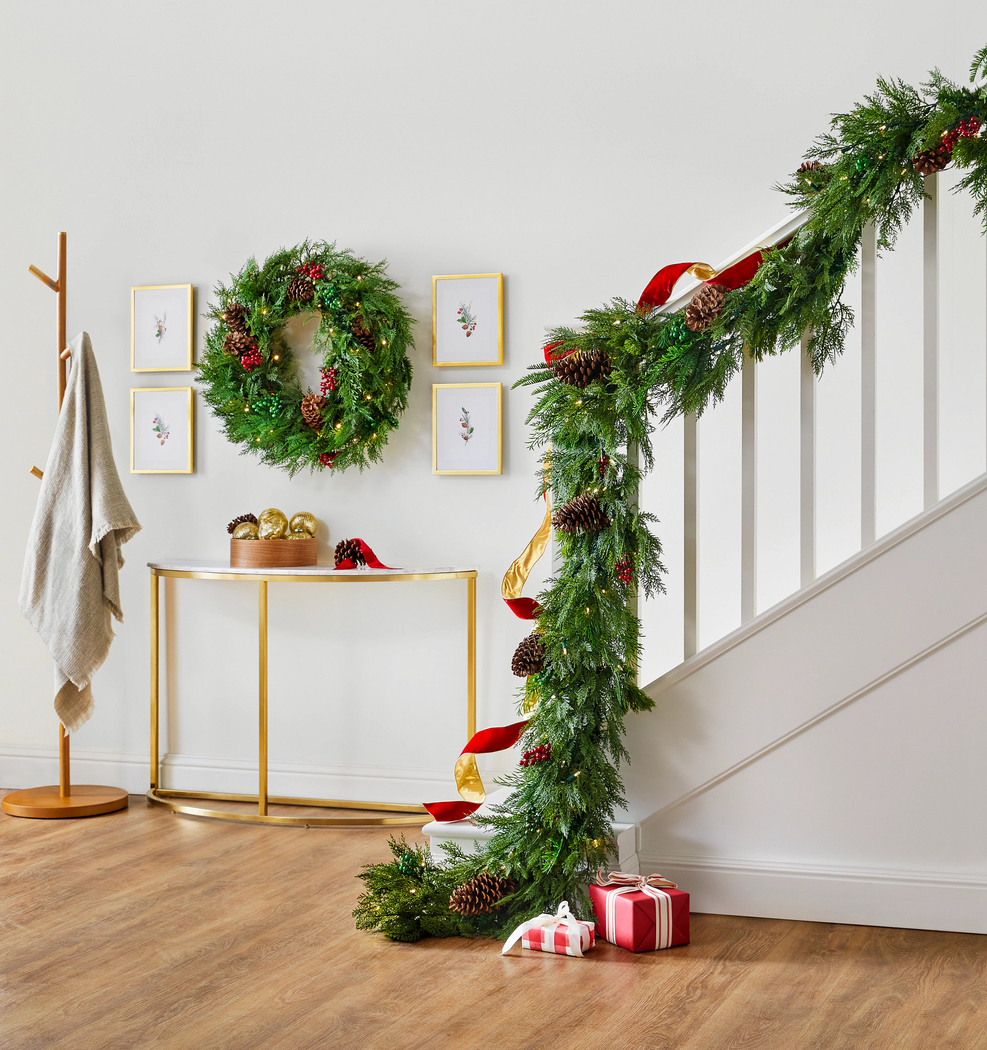 Artificial garland on staircase bannister
