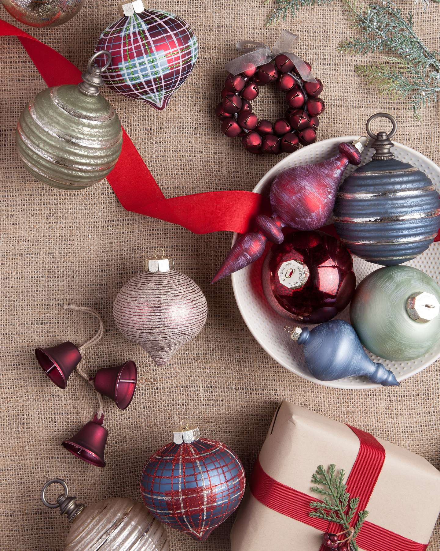 Balsam Hill Farmhouse Christmas Ornament Set of 25 Mixed Pieces Closeup