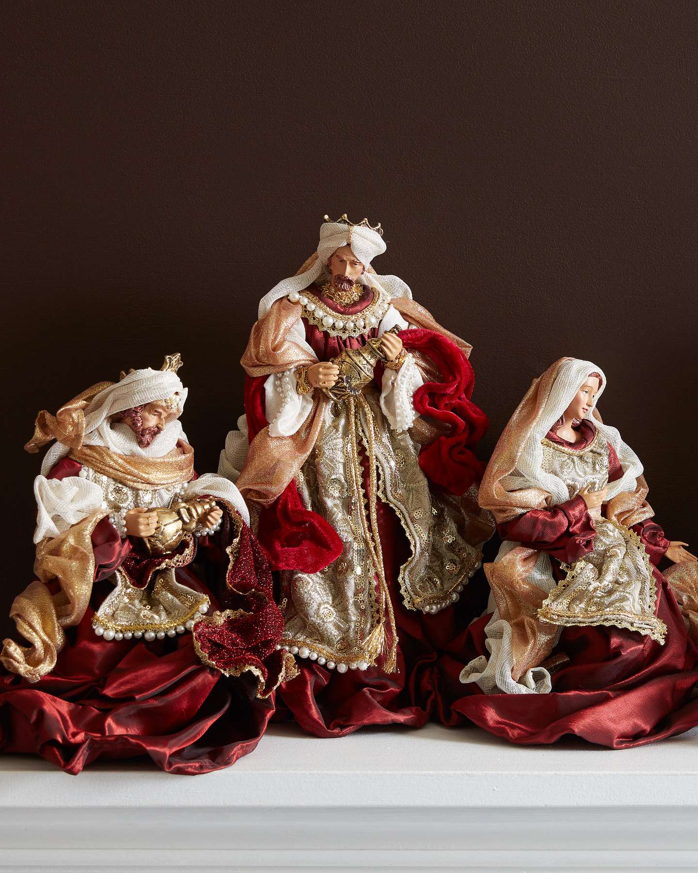 Balsam Hill Burgundy and Gold Nativity Scene Set of 6 Closeup Mary and 2 Wise Men