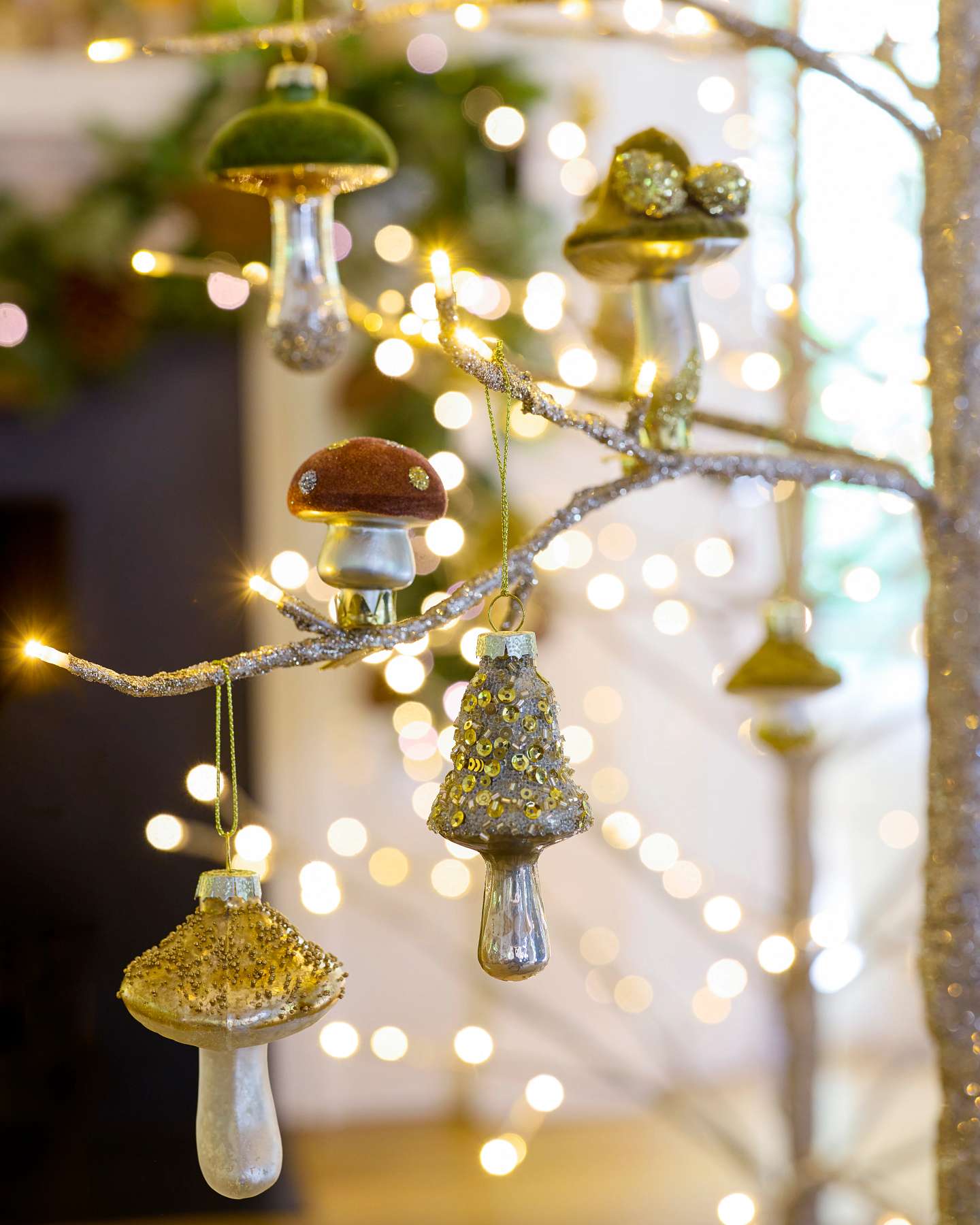Balsam Hill Green Woodland Glass Mushroom Christmas Ornaments Set of 15 Closeup