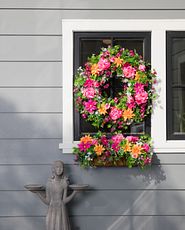 Window décor idea with matching window wreath and planter box