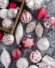 Assorted red and white Christmas ornaments