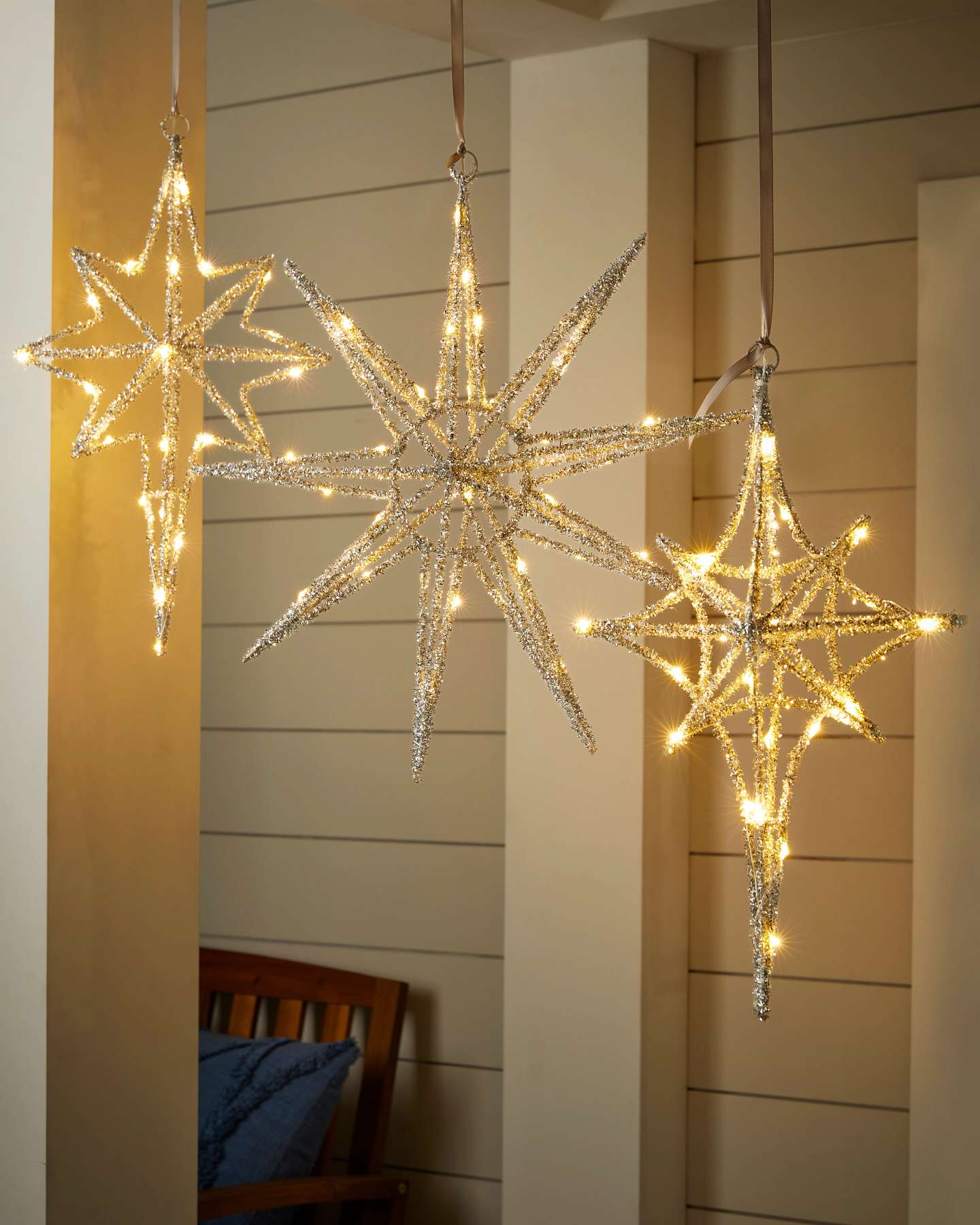 Balsam Hill Silver Outdoor Lit Tinsel Stars Set of 3 for Holiday Decor