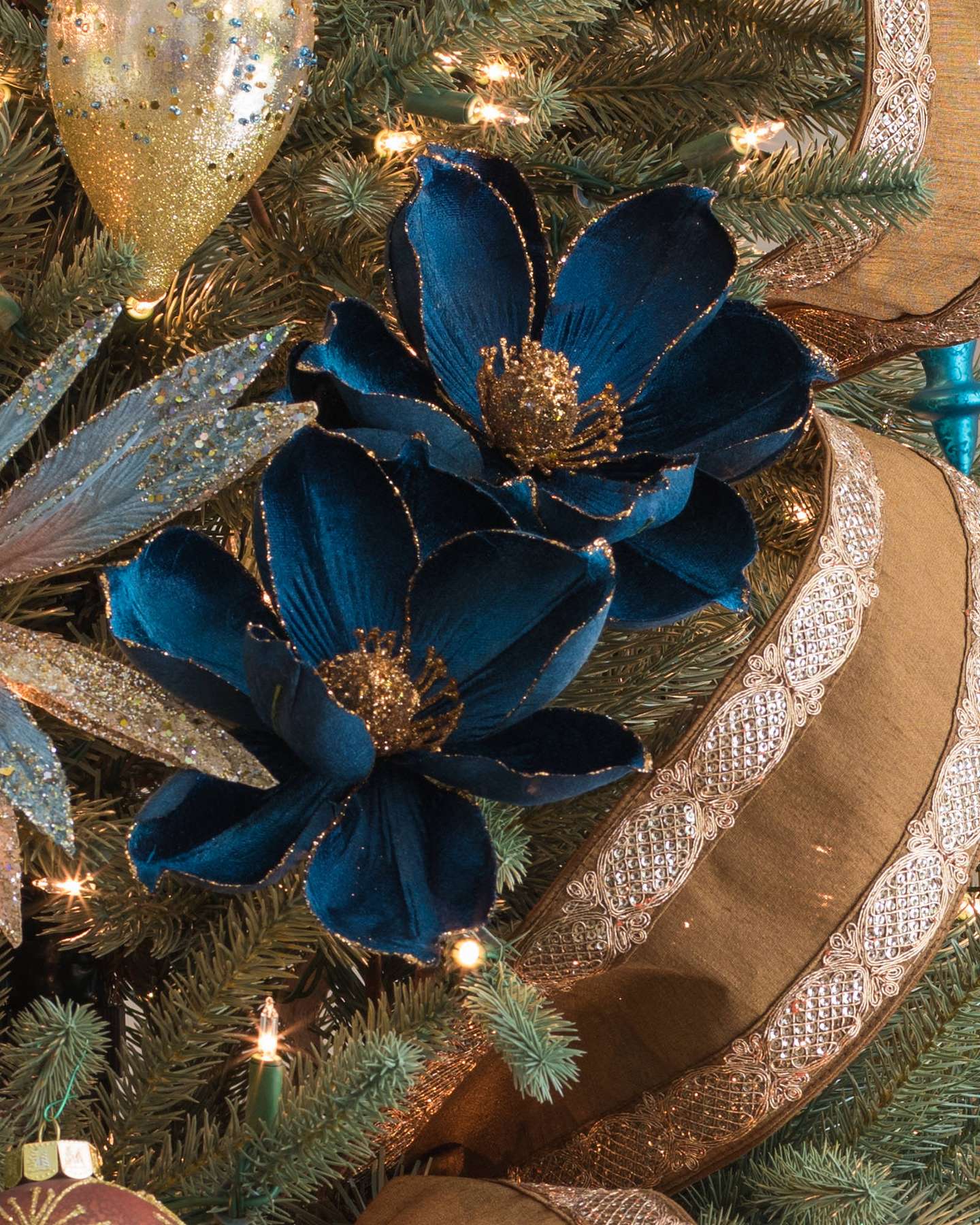 Balsam Hill Navy and Copper Magnolia Artificial Christmas Tree Picks Set of 12 Styled with Ornaments