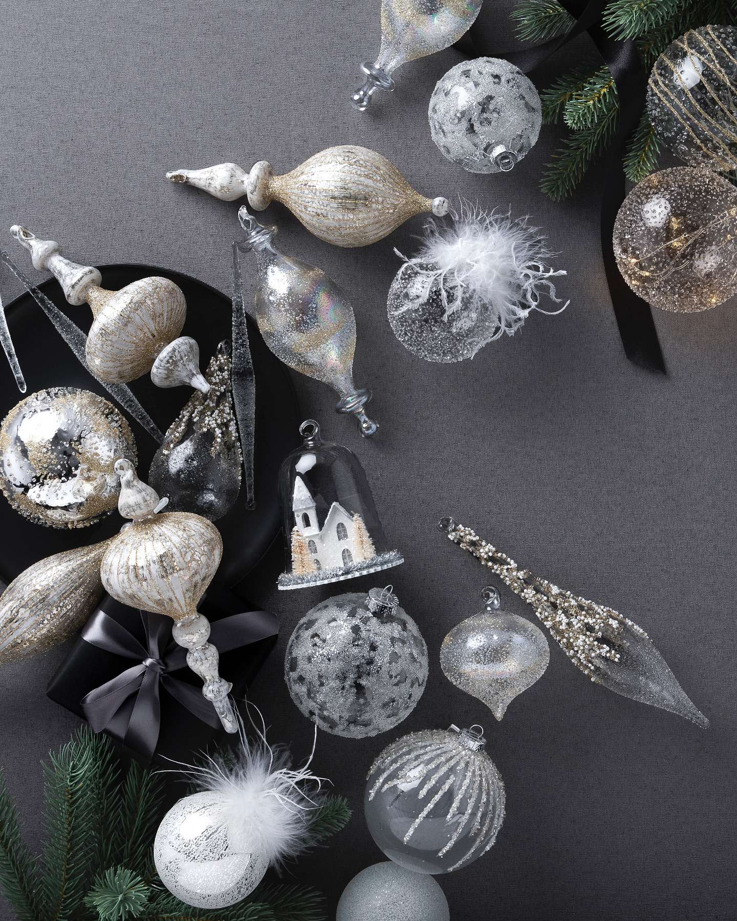 Balsam Hill Winter White Ornament Set Lifestyle Setting Featuring Holiday Charm