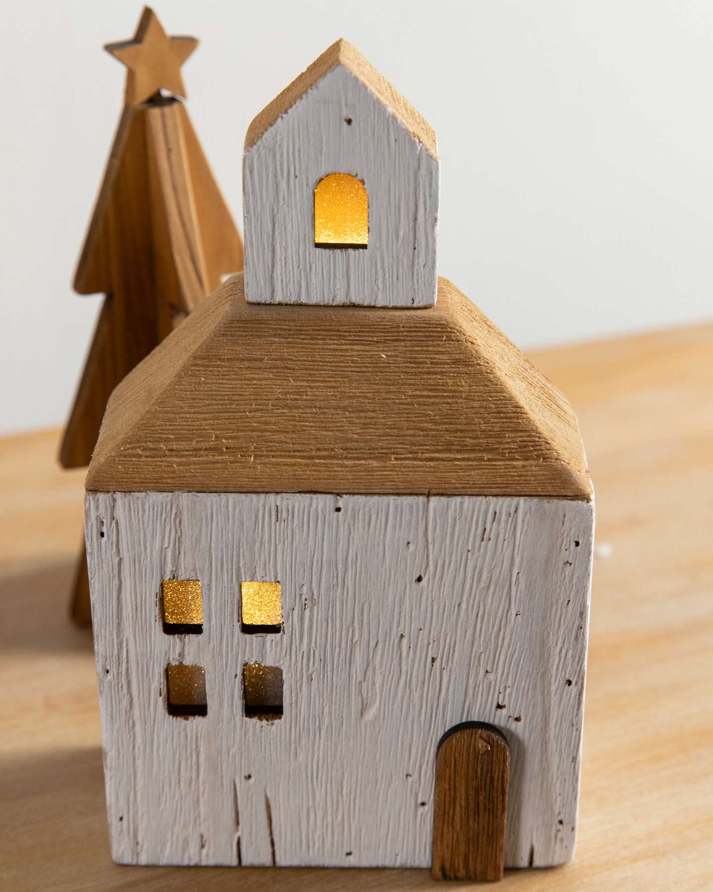 Balsam Hill Farmhouse Lit Wooden Village Set of 9 Closeup of Church and House Pieces