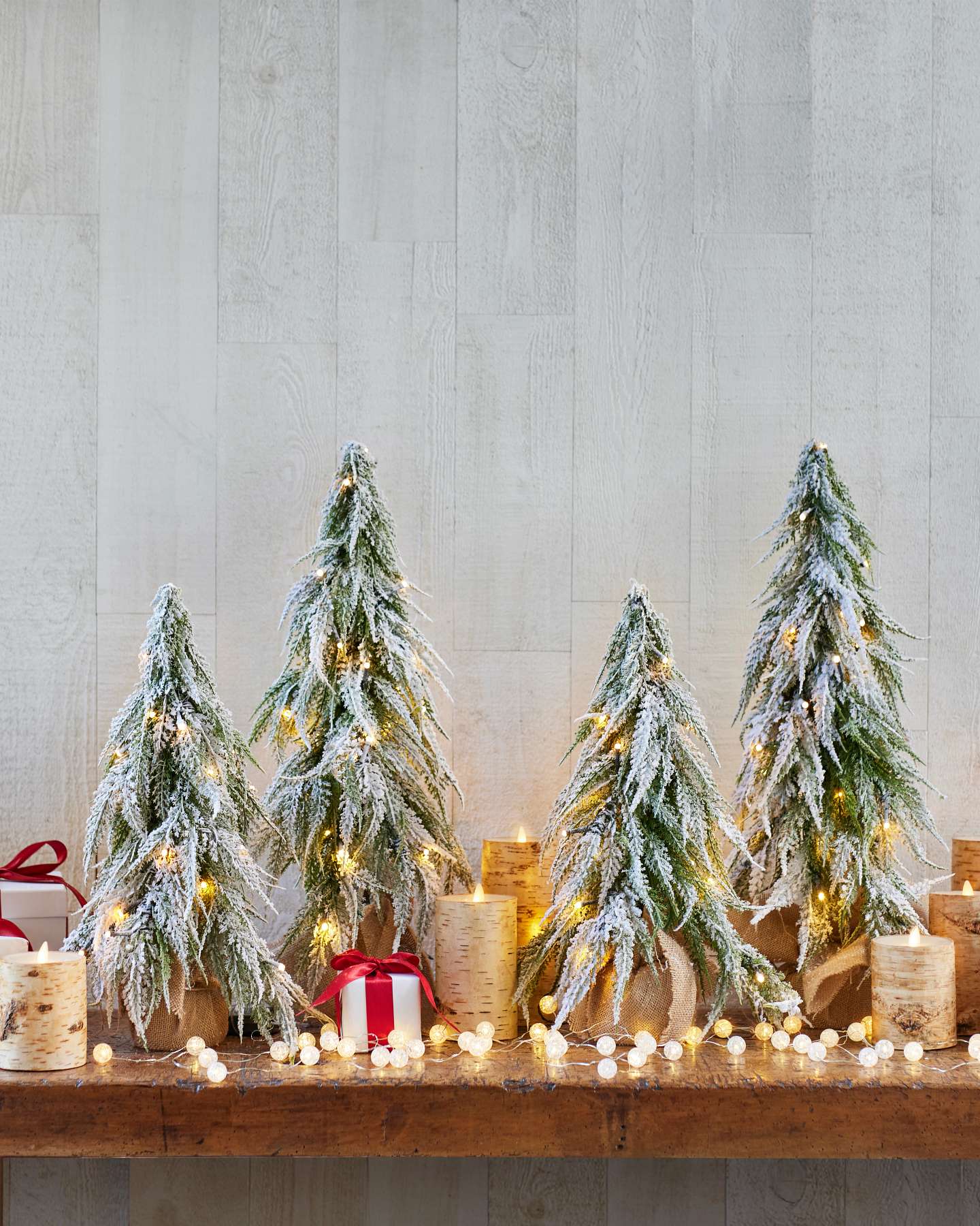 Balsam Hill Snowfall Downswept Tabletop Artificial Christmas Trees Styled for the Holidays