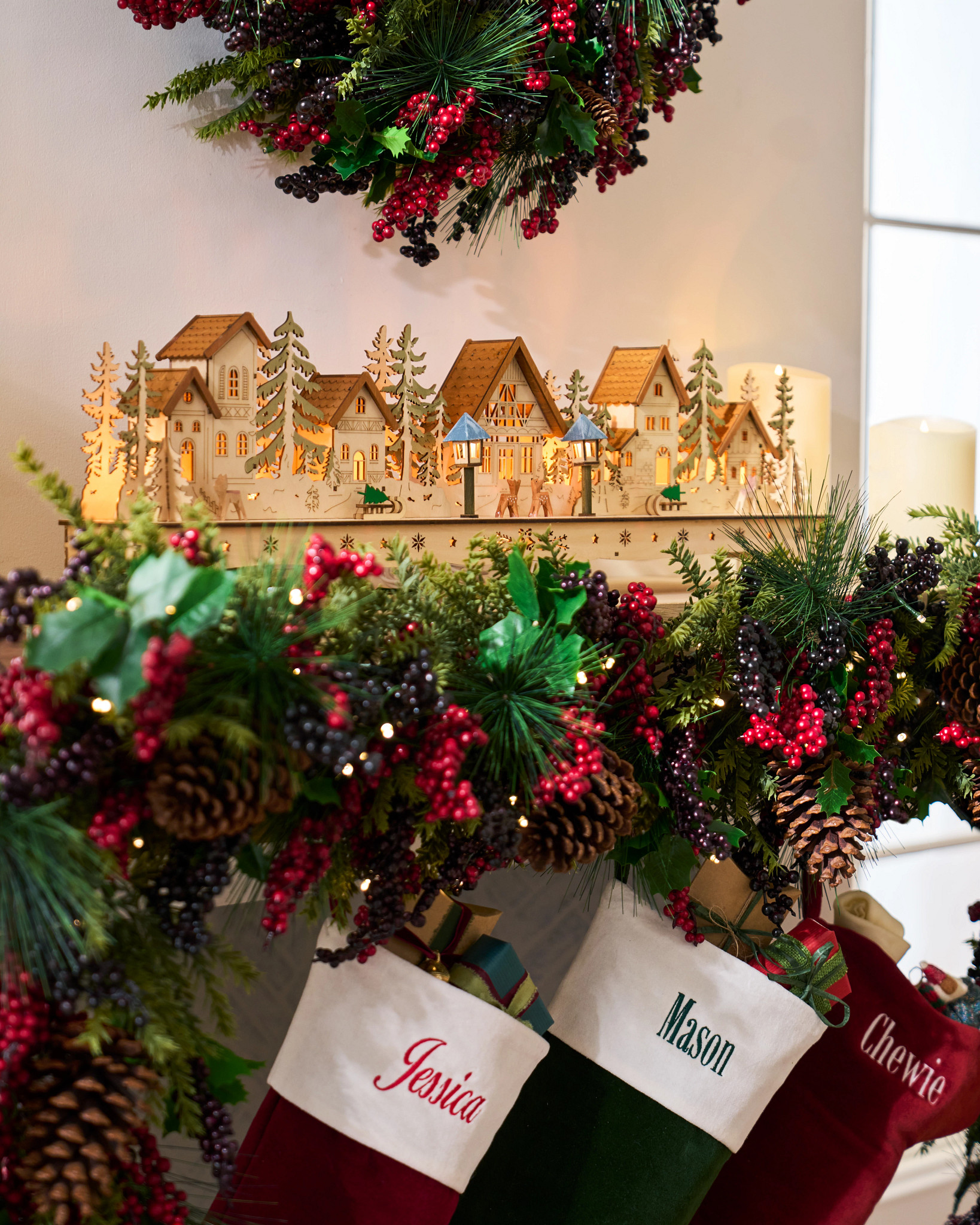 Lit Wooden Christmas Mantel Village | Balsam Hill