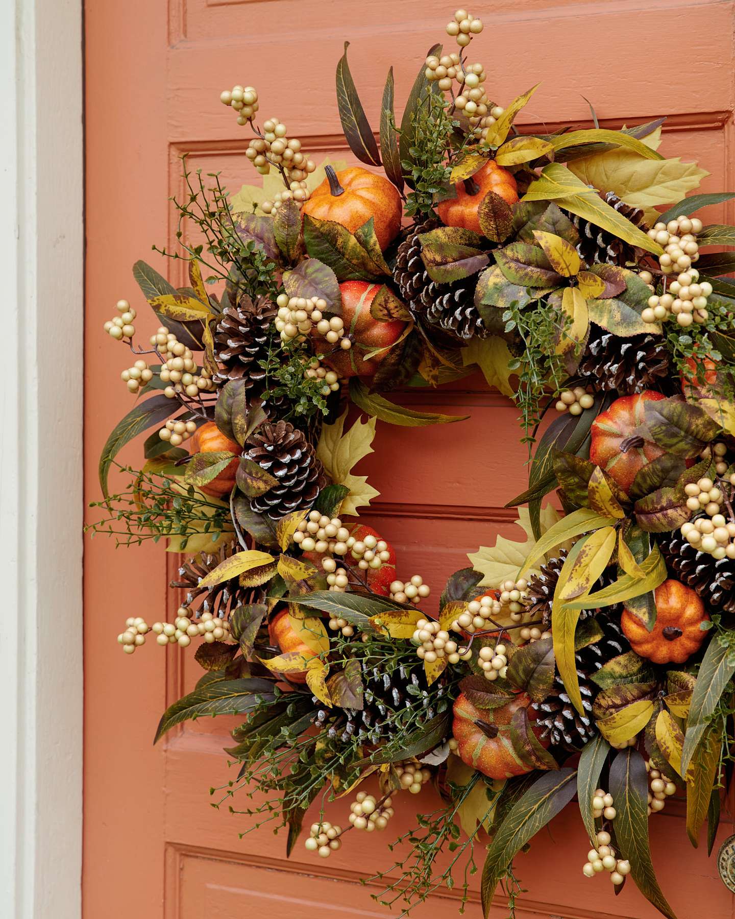 Balsam Hill Autumn Abundance Artificial Fall Foliage Lifestyle Wreath Door Display