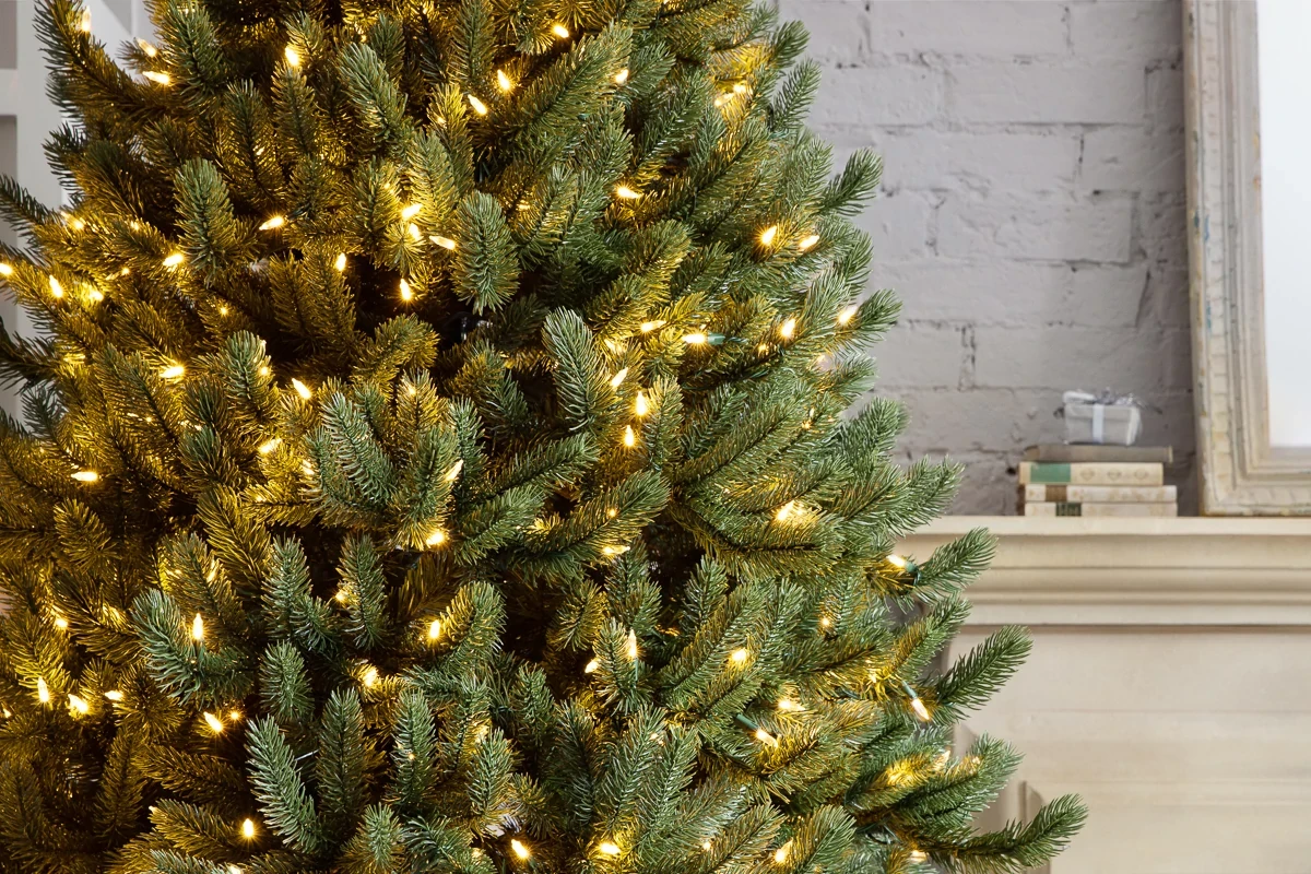 Close-up of a pre-lit artificial Christmas tree