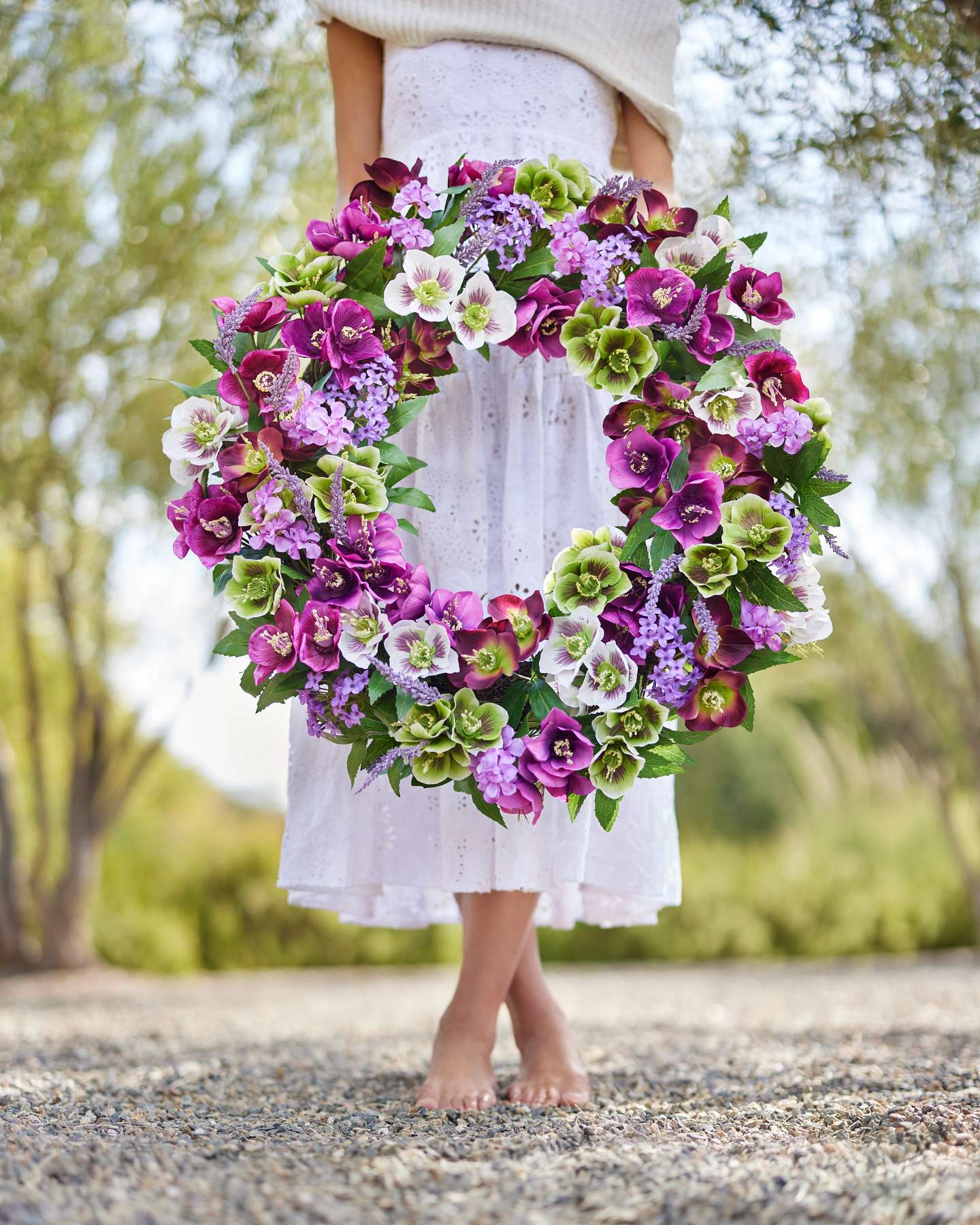 Balsam Hill Amethyst Garden Artificial Flower Foliage Lifestyle Outdoor Display Wreath Being Held