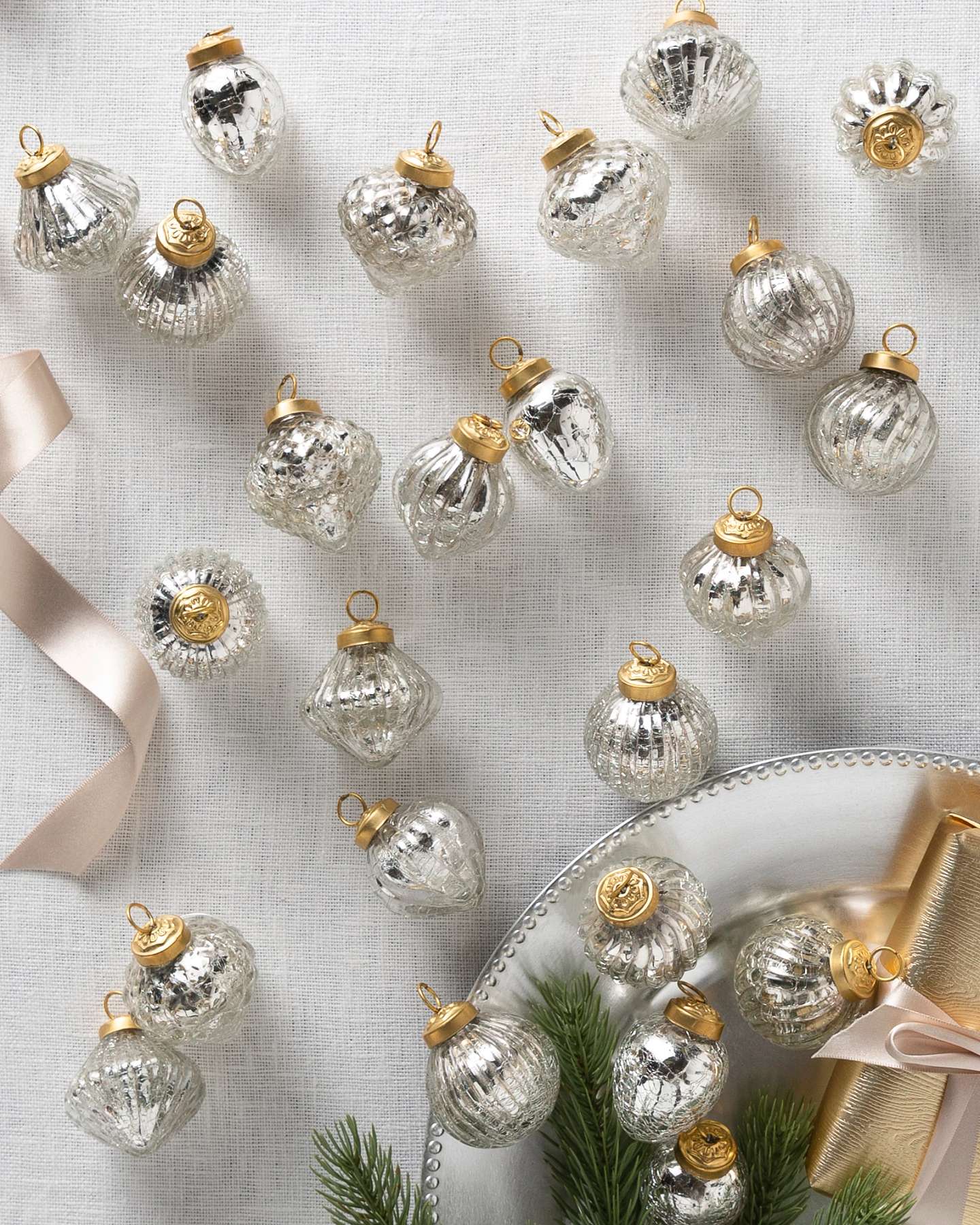 Balsam Hill Essentials Silver Mini Mercury Glass Christmas Ornament Set of 24 Display
