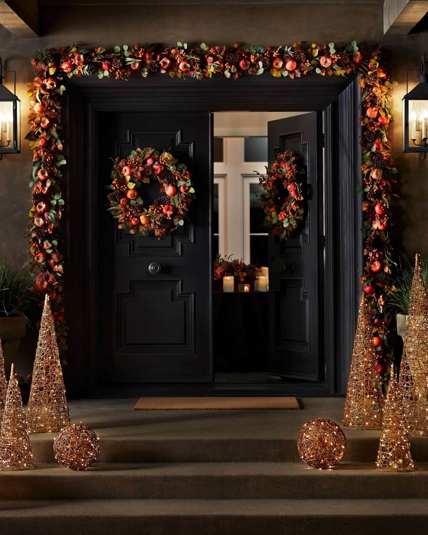 Balsam Hill Persimmon and Pinecone Artificial Christmas Foliage in Lifestyle Setting