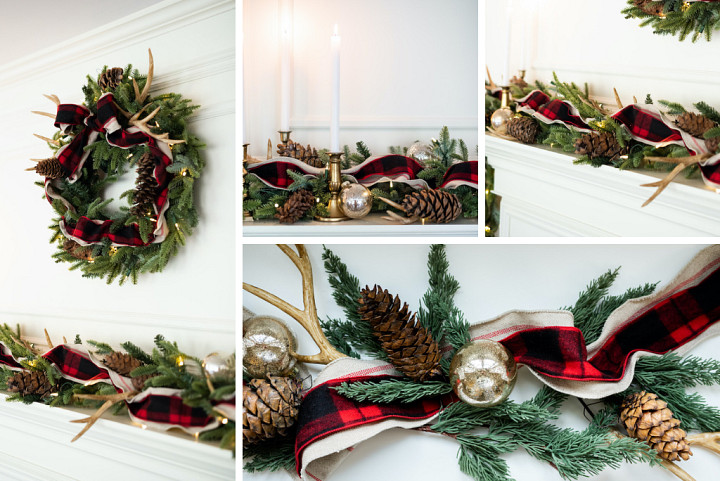 Christmas wreath and garland decorated with jute ribbon, buffalo check ribbon, gold ball ornaments, pinecones, and antlers