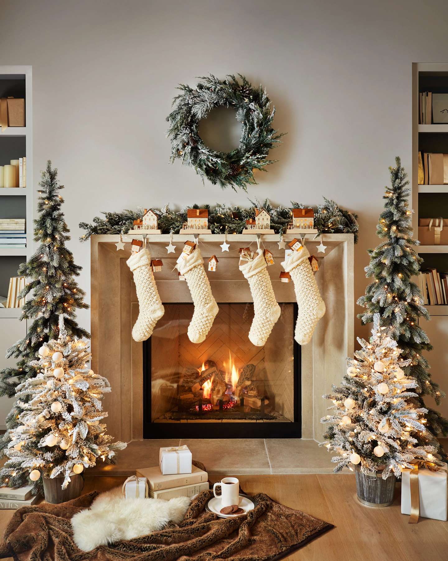 Balsam Hill Frosted Forest Pine Artificial Christmas Tree Lifestyle Fireplace Display