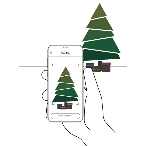 Illustration of phone capturing image of Christmas tree in a distance
