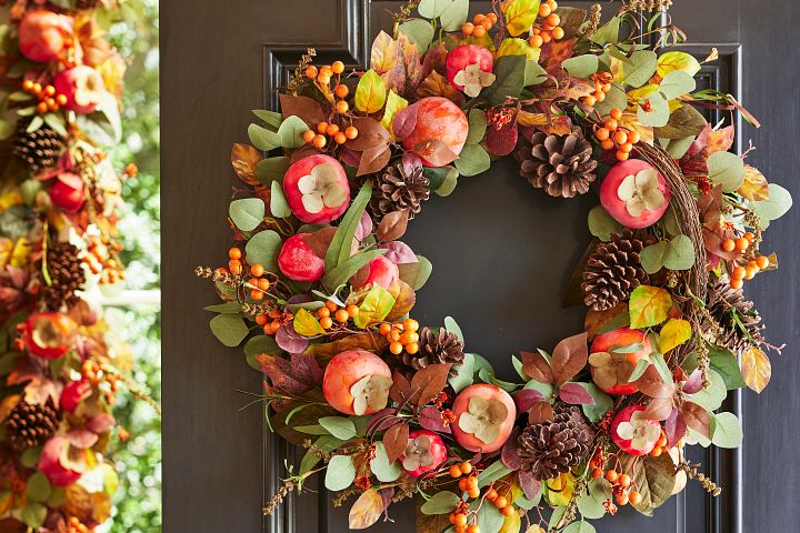 Decorated artificial fall wreath and garland