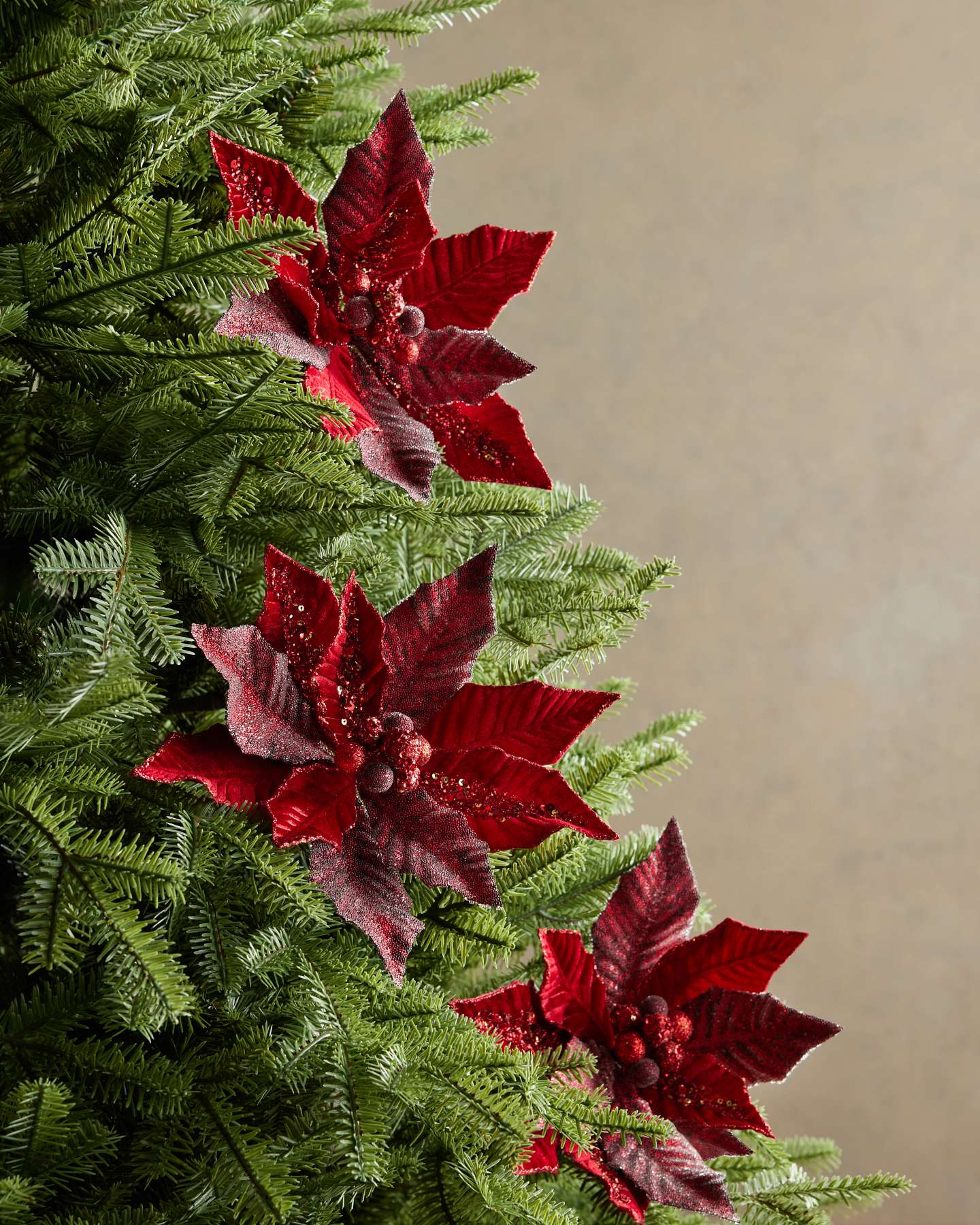 Red Glittered Beaded Velvet Poinsettia Picks, Set of 12